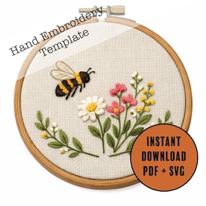 Patrón de bordado a mano de abeja PDF SVG / Diseño de insectos botánicos con flores silvestres