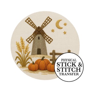 Stick And Stitch Embroidery Pattern: Windmill Autumn Motif - Rustic Farmhouse, Cotton Stabilizer Transfers for Beginners
