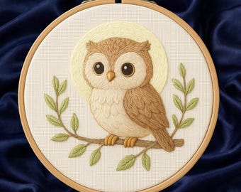 Owl with Branch and Leaves Pre Printed Hand Embroidery Pattern | Woodland Nursery Design | Wash Away Stick & Stitch Transfer | Beginner