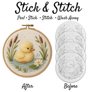 Duckling Embroidery Pattern: Nursery Bird Design, Pond Scene | Stick & Stitch Transfer, Water Soluble | Multiple Sizes Available