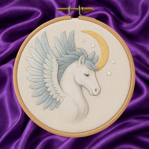 Pegasus Embroidery Transfer: Celestial Winged Horse - Stick and Stitch, Kids Room Craft, Magical Nursery Decor