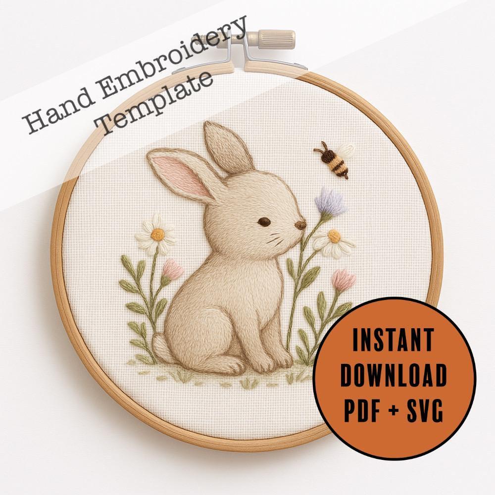 Baby Bunny Hand Embroidery Pattern | Woodland Rabbit PDF Embroidery ...