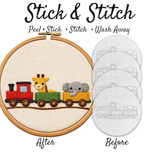Animal Train Stick & Stitch Embroidery Pattern | Nursery Block Animal Train Design | Peel and Stick Wash Away