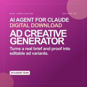 May include: A digital download graphic with a purple gradient background featuring the text: MuraVe GROWTH & ADS TEAM, READY TO RUN 01/06, AI AGENT FOR CLAUDE DIGITAL DOWNLOAD, AD CREATIVE GENERATOR, Turns a real brief and proof into editable ad variants, IN 6-AGENT TEAM.