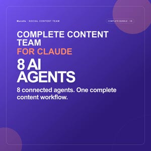 Può includere: Una grafica digitale viola con testo bianco e arancione che recita: MuraVe SOCIAL CONTENT TEAM, COMPLETE BUNDLE 1/6, COMPLETE CONTENT TEAM FOR CLAUDE, 8 AI AGENTS, 8 connected agents. One complete content workflow. Il design presenta angoli arrotondati.