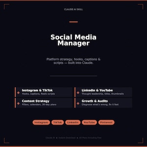 Könnte beinhalten: Dunkles Design mit orangefarbenen Akzenten, das einen "Social Media Manager" bewirbt. Es listet Funktionen für Instagram, TikTok, LinkedIn, YouTube und Pinterest auf, einschließlich Content-Strategie und Skripterstellung.
