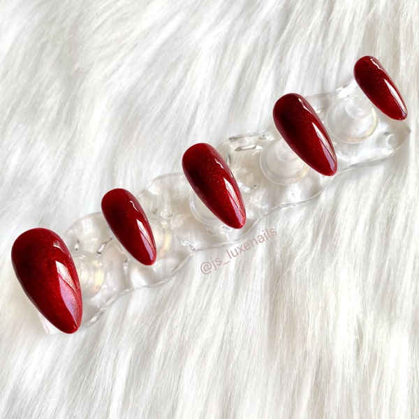Red Jelly Cat Eye Nails I Handmade Luxury Press On Nails | Velvet Cat Eye Press Ons