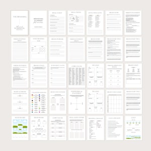 May include: A branding planner workbook with various pages, including sections for ideal clients, brand story, and vision statements. The pages are filled with prompts and spaces for notes, designed to guide the branding process. The workbook is in a neutral color palette.