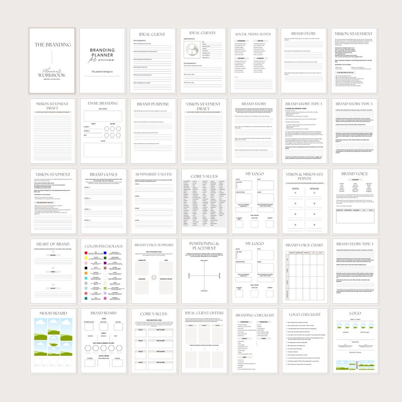 May include: A branding planner workbook with various pages, including sections for ideal clients, brand story, and vision statements. The pages are filled with prompts and spaces for notes, designed to guide the branding process. The workbook is in a neutral color palette.