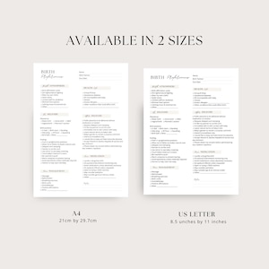 Puede incluir: Dos plantillas blancas de plan de nacimiento con el texto "BIRTH Preferences" y varias secciones, incluyendo "Atmosphere", "Delivery" y "Medication". Las plantillas est&aacute;n disponibles en dos tama&ntilde;os: A4 (21 cm x 29,7 cm) y US Letter (21,6 cm x 27,9 cm).