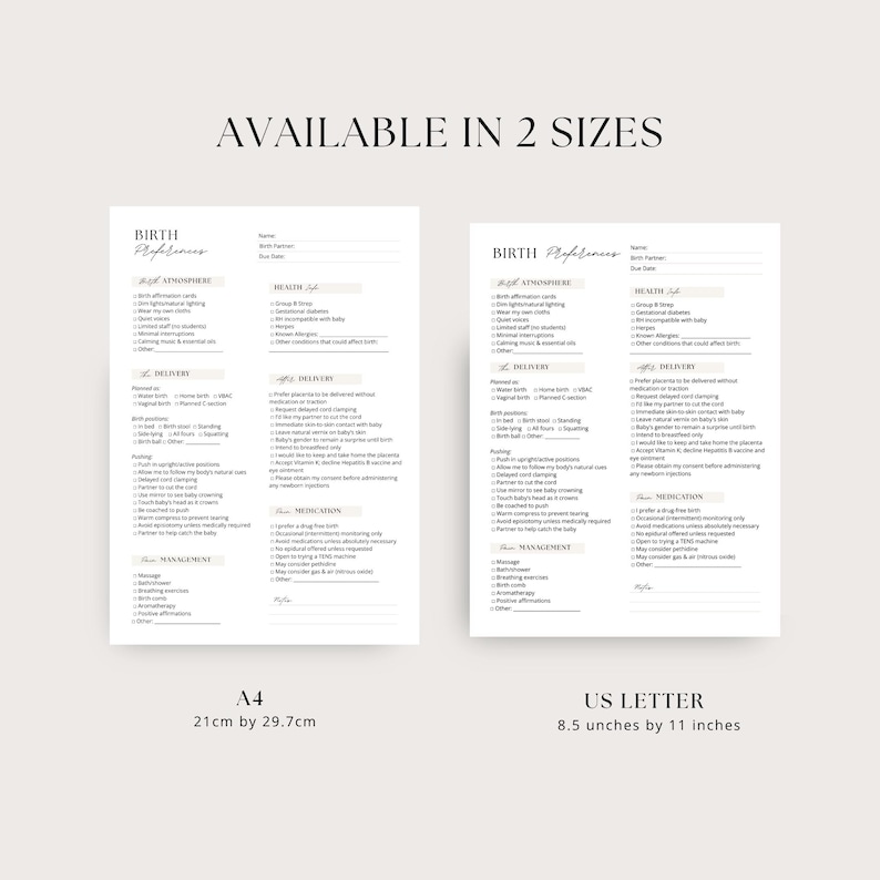 Puede incluir: Dos plantillas blancas de plan de nacimiento con el texto "BIRTH Preferences" y varias secciones, incluyendo "Atmosphere", "Delivery" y "Medication". Las plantillas est&aacute;n disponibles en dos tama&ntilde;os: A4 (21 cm x 29,7 cm) y US Letter (21,6 cm x 27,9 cm).