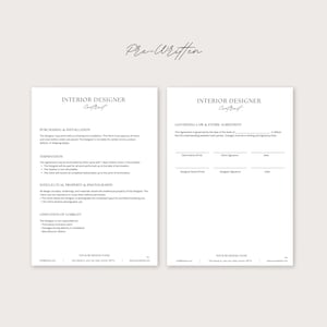 May include: Two-page interior designer contract with the title "Interior Designer Contract" in a minimalist design. The contract includes sections on purchasing, termination, intellectual property, and liability. The text "Pre-Written" is at the top.