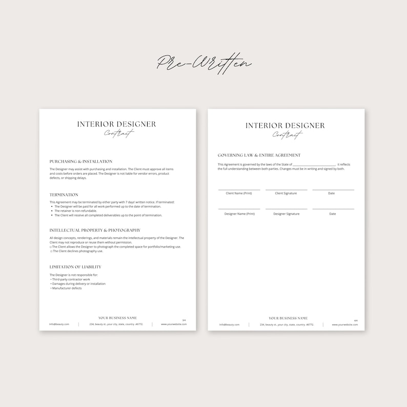 May include: Two-page interior designer contract with the title "Interior Designer Contract" in a minimalist design. The contract includes sections on purchasing, termination, intellectual property, and liability. The text "Pre-Written" is at the top.