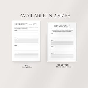 May include: Two white sheets of paper with text, one labeled "SUMMARIZE VALUES" and the other "BRAND GOALS." The "SUMMARIZE VALUES" sheet is A4 size, 21cm by 29.7cm. The "BRAND GOALS" sheet is US Letter size, 8.5 inches by 11 inches. The text "AVAILABLE IN 2 SIZES" is at the top.