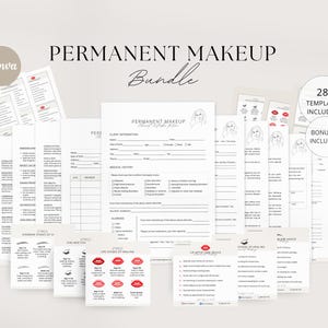 May include: A collection of white paper templates for permanent makeup, featuring client intake forms, medical history charts, and aftercare advice. The bundle includes 28 templates with text, line drawings of faces, and a lip healing stages chart.