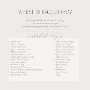 May include: A cream-colored graphic with the text "WHAT IS INCLUDED?" and a list of branding planner and workbook pages. The list includes topics like brand goals, vision statement, and social media audits.