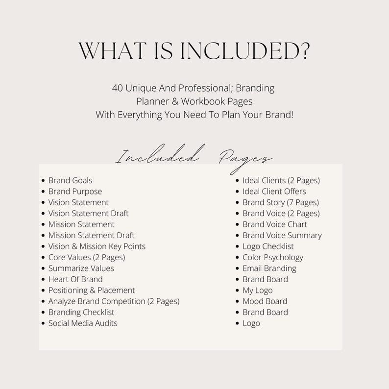 May include: A cream-colored graphic with the text "WHAT IS INCLUDED?" and a list of branding planner and workbook pages. The list includes topics like brand goals, vision statement, and social media audits.
