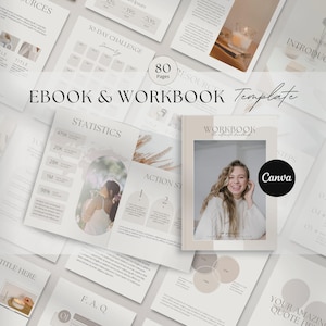 Puede incluir: Una plantilla de libro electrónico y cuaderno de trabajo con una paleta de colores neutros. La portada del cuaderno presenta a una mujer sonriente. Las páginas incluyen gráficos y texto. El logotipo de Canva es visible. El texto incluye "EBOOK & WORKBOOK Template" y "80 Pages."
