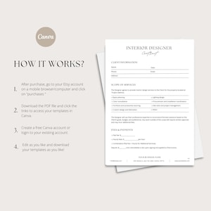 May include: A digital interior designer contract template with the text "Interior Designer Contract" and "How it works?" instructions. The template includes sections for client information, scope of services, and fees & payments. The Canva logo is visible.
