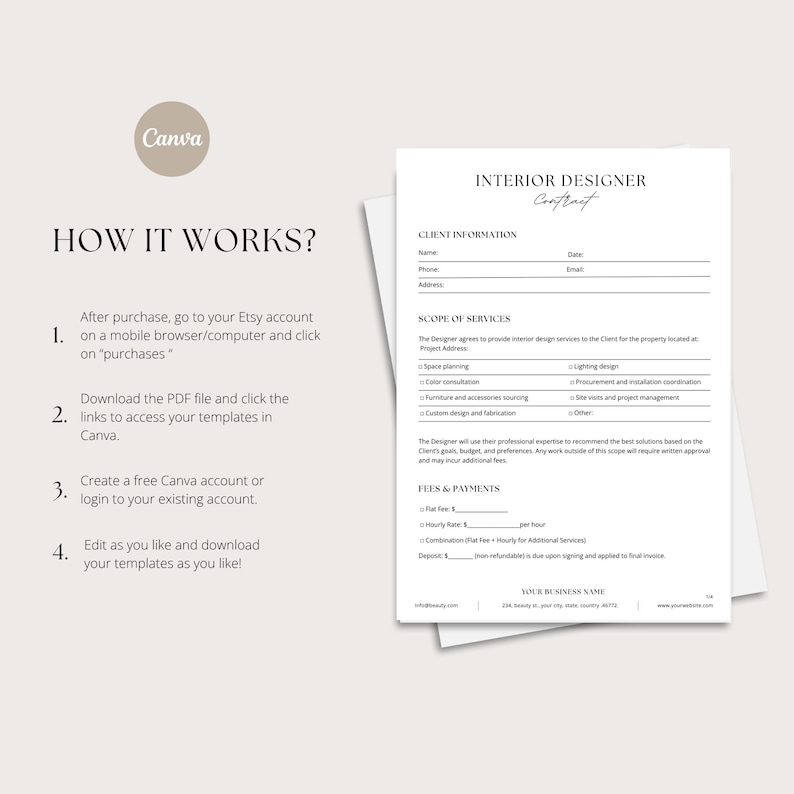 May include: A digital interior designer contract template with the text "Interior Designer Contract" and "How it works?" instructions. The template includes sections for client information, scope of services, and fees & payments. The Canva logo is visible.