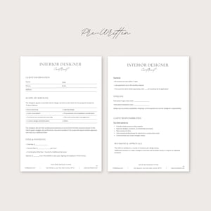 May include: Two-page interior designer contract with the title "Interior Designer Contract" in a handwritten font. The contract includes sections for client information, scope of services, fees, and client responsibilities. The words "Pre-Written" are at the top.