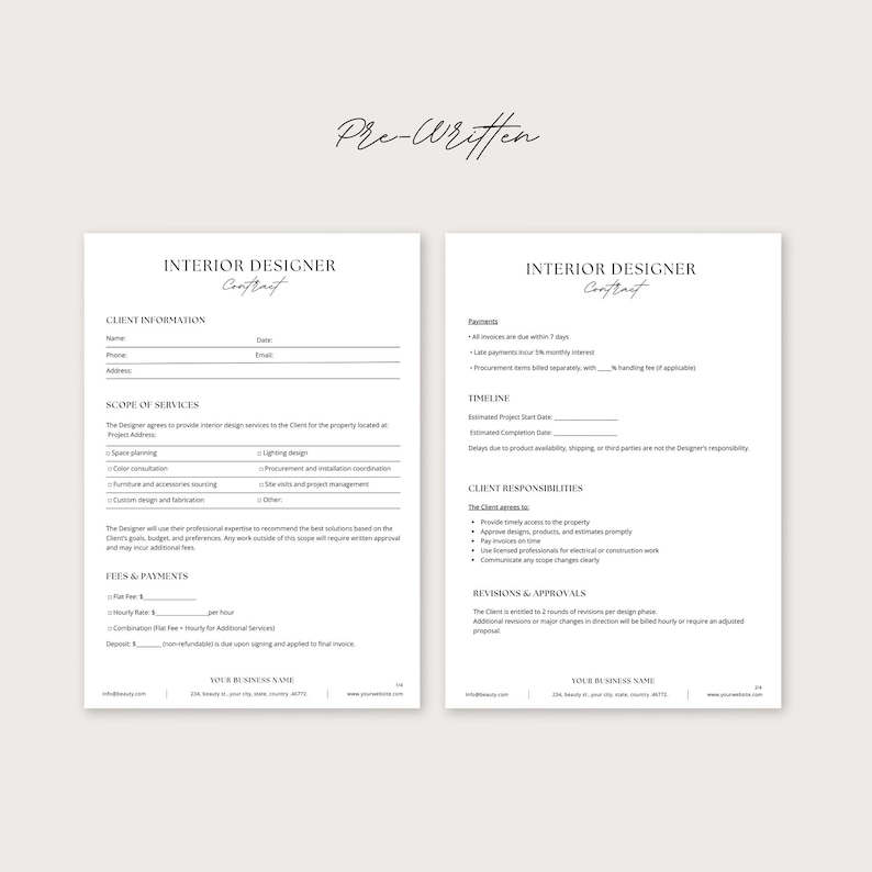 May include: Two-page interior designer contract with the title "Interior Designer Contract" in a handwritten font. The contract includes sections for client information, scope of services, fees, and client responsibilities. The words "Pre-Written" are at the top.