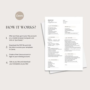 Puede incluir: Un documento blanco titulado "Preferencias de nacimiento" con secciones para ambiente, parto y salud. El documento incluye una lista de preferencias y opciones. El logotipo de Canva est&aacute; en la esquina superior izquierda y las instrucciones est&aacute;n a la izquierda.