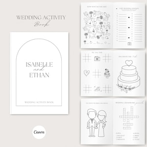May include: A white Wedding Activity Book with the names "Isabelle and Ethan" on the cover. The book includes various activities such as "How Many Do You See?" and a wedding crossword puzzle. The book is designed with a minimalist aesthetic.