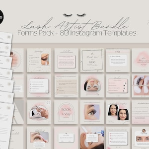 May include: A bundle of lash artist forms and Instagram templates. The image features a collection of forms and 80 Instagram templates with a soft, neutral color palette. The text includes "Lash Artist Bundle" and "Forms Pack + 80 Instagram Templates."