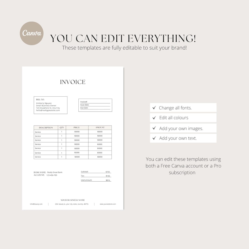 May include: A white invoice template with the word "INVOICE" at the top. The template includes fields for billing information, a table for itemized services, and a section for totals. The text "YOU CAN EDIT EVERYTHING!" is also visible.