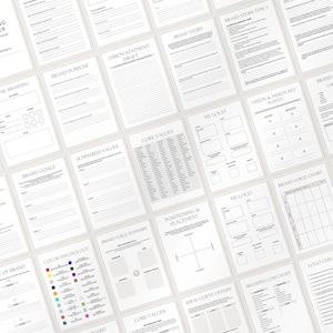 May include: A collection of white paper templates with black text, designed for branding and business planning. The templates include sections for brand goals, vision statements, and core values. The layout is clean and organized, ideal for entrepreneurs.