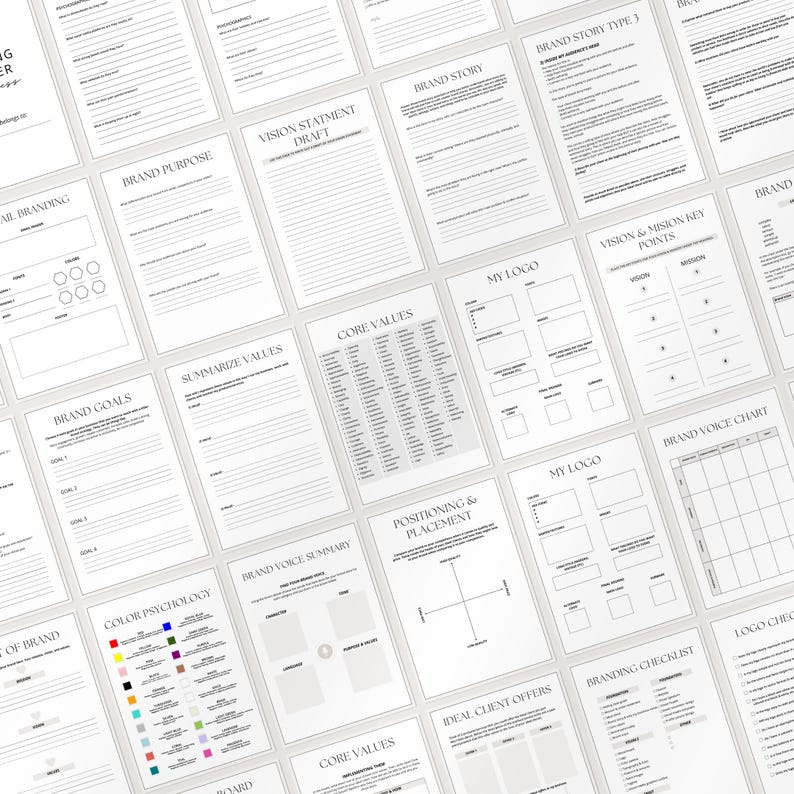 May include: A collection of white paper templates with black text, designed for branding and business planning. The templates include sections for brand goals, vision statements, and core values. The layout is clean and organized, ideal for entrepreneurs.