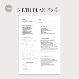 Birth Plan Template, Birth Plan Printable, Editable Birth Preferences Template, Birth Plan Checklist, Natural Birth Plan, Canva Birth Plan