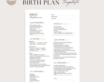 Plantilla de plan de parto, plan de parto imprimible, plantilla editable de preferencias de parto, lista de verificación del plan de parto, plan de parto natural, plan de parto en Canva