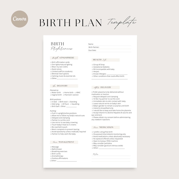 Birth Plan Template, Birth Plan Printable, Editable Birth Preferences Template, Birth Plan Checklist, Natural Birth Plan, Canva Birth Plan