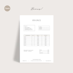 May include: A minimalist invoice template on white paper with the word "Invoice" at the top. The invoice includes fields for "Bill To," "Description," "Qty," "Price," and "Amount." The word "Bonus!" is written in cursive at the top.