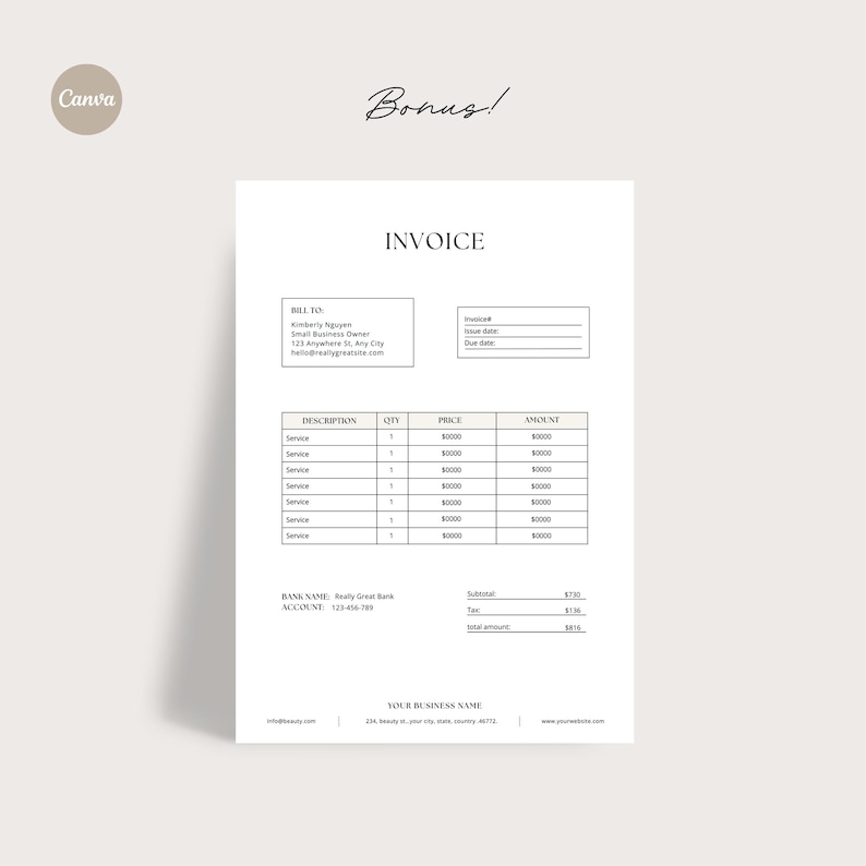 May include: A minimalist invoice template on white paper with the word "Invoice" at the top. The invoice includes fields for "Bill To," "Description," "Qty," "Price," and "Amount." The word "Bonus!" is written in cursive at the top.