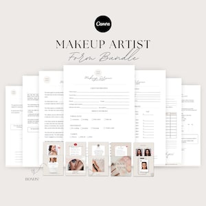 Op de afbeelding: Een bundel met formulieren voor visagisten, met onder meer klantgegevens en serviceprijzen. De formulieren zijn in zwart-wit, met de tekst "MAKEUP ARTIST Form Bundle" en "BONUS!" in de afbeelding.