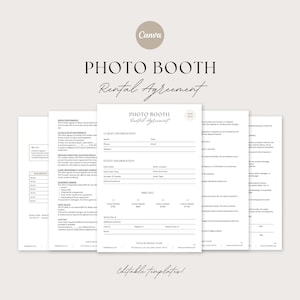May include: A photo booth rental agreement template with the text "PHOTO BOOTH Rental Agreement" in a stylish font. The document includes sections for client and event information, and pricing. The words "Editable templates!" are at the bottom.