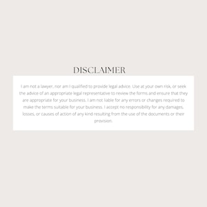 May include: A white rectangular card with the word "DISCLAIMER" in a bold, black font at the top. Below, a block of black text provides a legal disclaimer. The background is a soft, neutral color.