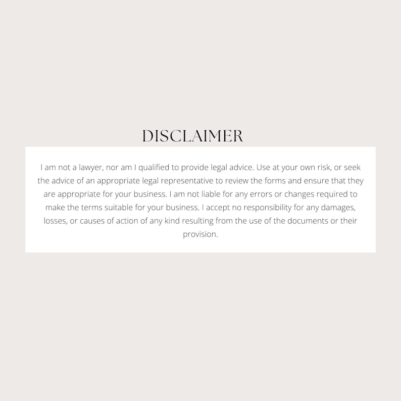 May include: A white rectangular card with the word "DISCLAIMER" in a bold, black font at the top. Below, a block of black text provides a legal disclaimer. The background is a soft, neutral color.