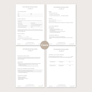 May include: Four-page interior designer contract template with headings like Client Information, Scope of Services, Fees & Payments, and Governing Law & Entire Agreement. The Canva logo is visible.