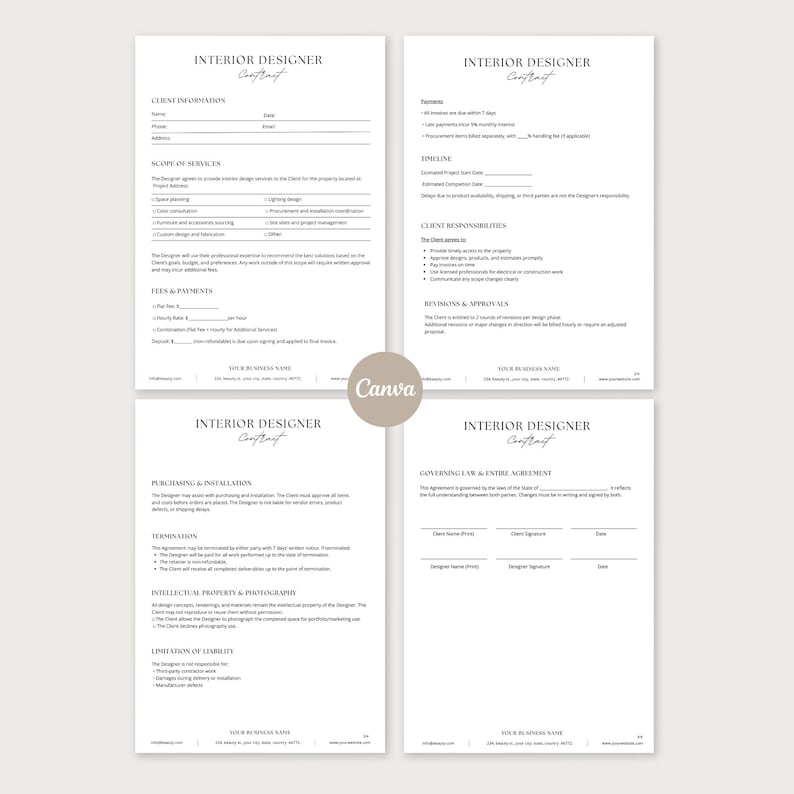 May include: Four-page interior designer contract template with headings like Client Information, Scope of Services, Fees & Payments, and Governing Law & Entire Agreement. The Canva logo is visible.
