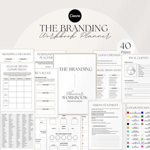 Puede incluir: Un planificador de cuaderno de trabajo de branding con un diseño minimalista. La portada presenta el texto "The Branding Workbook Planner" y el logotipo de Canva. En el interior, hay páginas para listas de verificación de branding, auditorías de redes sociales y declaraciones de visión. El planificador tiene 40 páginas.