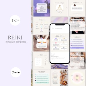 Puede incluir: Una colección de más de 150 plantillas de Instagram para practicantes de Reiki. Las plantillas presentan una variedad de diseños, que incluyen ilustraciones de chakras, afirmaciones y símbolos. El texto "Reiki Instagram Templates" se muestra en una fuente grande en la parte superior de la imagen. La palabra "Canva" se muestra en una fuente más pequeña en la parte inferior de la imagen.