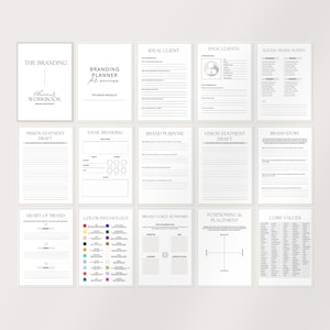 May include: A branding planner workbook with various pages, including sections for ideal clients, social media audits, and brand story. The pages are white with black text and graphics, designed for business planning and strategy.
