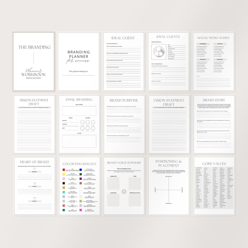 May include: A branding planner workbook with various pages, including sections for ideal clients, social media audits, and brand story. The pages are white with black text and graphics, designed for business planning and strategy.