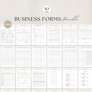 May include: A digital bundle of 50 business forms featuring black text on white pages. The collection includes templates for job estimates, employee time off requests, meeting notes, invoices, bill payment trackers, and various financial ledgers.