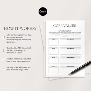 May include: A white paper with the text "CORE VALUES" and "IMPLEMENTING THEM". The paper has boxes for writing values and how to implement them. A black pen rests on the paper. The Canva logo is in the top left.