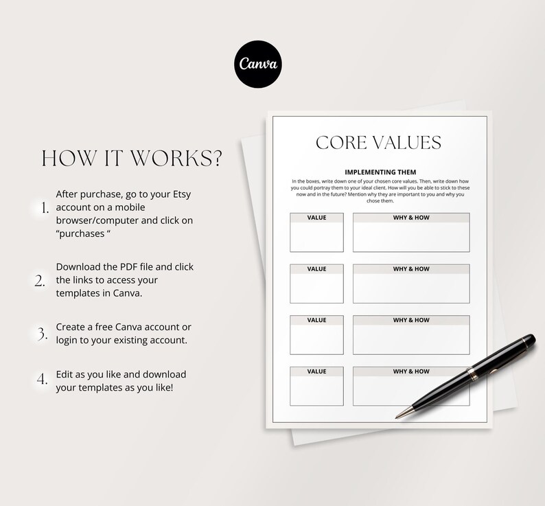 May include: A white paper with the text "CORE VALUES" and "IMPLEMENTING THEM". The paper has boxes for writing values and how to implement them. A black pen rests on the paper. The Canva logo is in the top left.